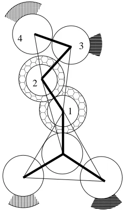 Figure 2.1: Four-sphere representation of a polyglutamine sidechain. Hard spheres are white.Square wells representing hydrophobic interactions are shown in a honeycomb pattern