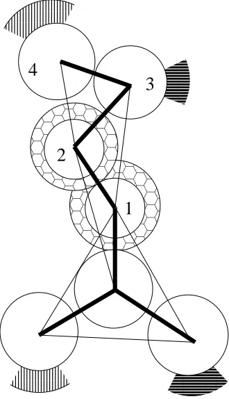 Figure 3.1: Four-sphere representation of a polyglutamine sidechain. Hard spheres are white.Square wells representing hydrophobic interactions are shown in a honeycomb pattern
