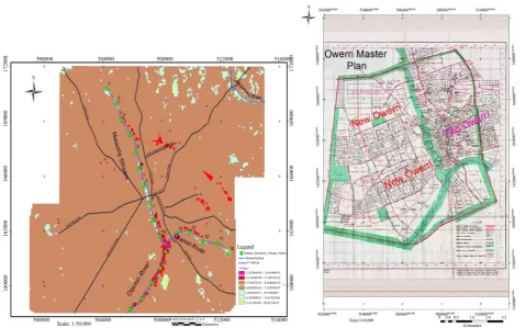 Figure 3. Otamiri Watershed Elevation Change Map compared with the Master Plan of Owerri