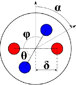 Figure 3.2. Double dipole disk model used in simulations where blue circles represent negative point charges and red circles represent positive point charges