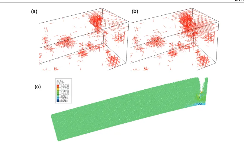Figure 9. Failed bonds after: (a) 3000 increments; (b) final increment. (c) Relative displacement in the failed model 