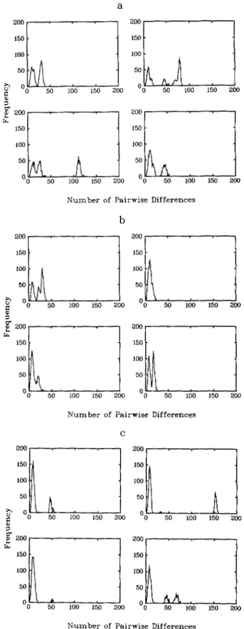 FIGURE 7,"Frequency distributions of pairwise differences  for of constant size subdivided into  four  colonies  according four replicate simulations of a sample of size 50 from a population, to an island model that was 5,000 until it underwent a bottleneck 50,000 years 