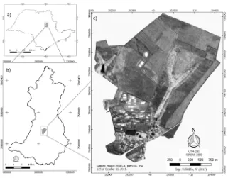 Figure 1. Location and land use/cover of the campus landscape of the Federal University of São Carlos (c); São Carlos Municipality (b); São Paulo state (a)