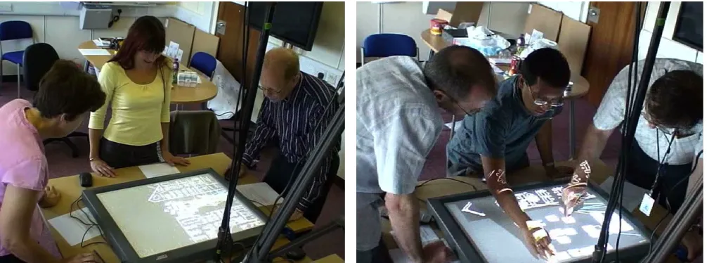 Figure 1. The study setup and DiamondTouch surface. Left: a group working in the mouse condition