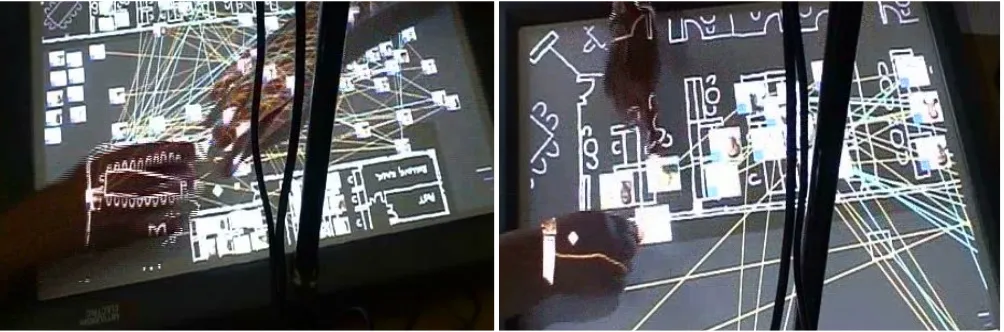 Figure 2. Left: A handover of an icon: the left participant waits for the icon, fingers hovering in mid-air