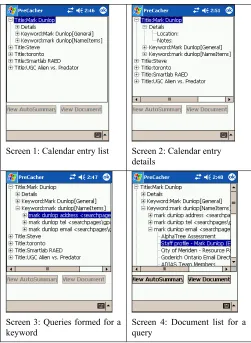 Figure 3: The mobile User Interface, showing the collapsible tree list. Each keyword under a given calendar entry (title), can be expanded to show the queries formed for it