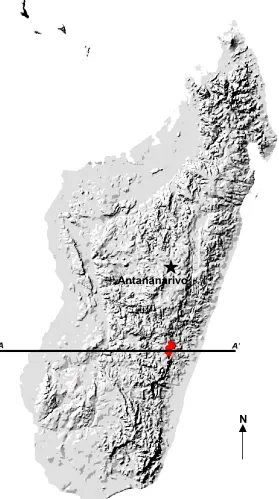 Figure 2.4a. Shaded DEM image of Madagascar. The topographic cross-section A-A’ extends 500 km between the Mangoky River delta and the mouth of the Mananjary River (see Figure 2.4b)