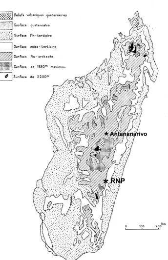 Figure 2.6. Schematic map of major geomorphic surfaces from Dixey (1960). The two highest surfaces shown (excluding Plio-Quaternary volcanic regions) were attributed to a Jurassic age