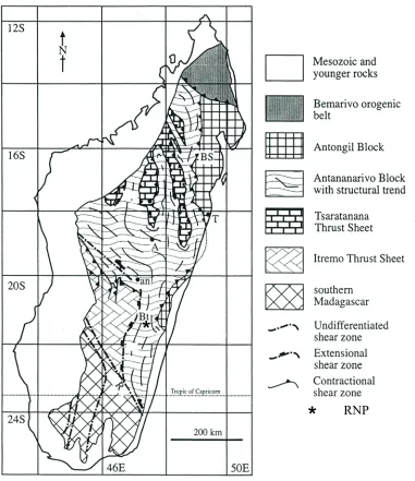 Figure 2.3. Schematic geologic map, showing the Antananarivo Block tectonic unit and its relationship to other major units (from Kroner et al., 2000)