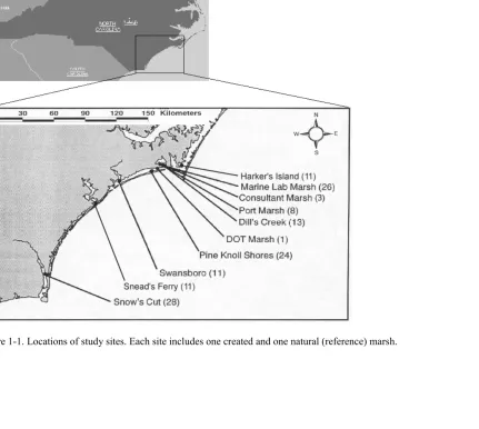 Figure 1-1. Locations of study sites. Each site includes one created and one natural (reference) marsh