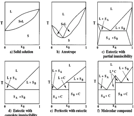 FIG. 1. The six types of solid–liquid phase diagrams identiﬁed byMatsuoka:1 �a� solid solution, �b� azeotrope, �c� eutectic with partial immis-cibility, �d� eutectic with complete immiscibility, �e� peritectic with eutectic,and �f� molecular compound