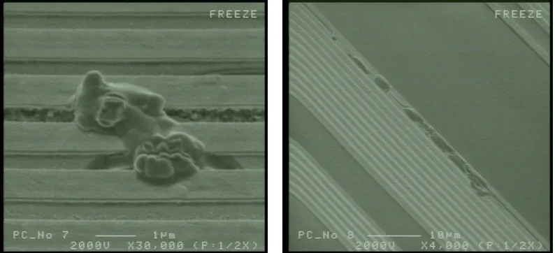 Fig 3-1.  Examples of metal corrosion occurring post deveil processing. SEMs were taken after 24 hours wet box test for corrosion