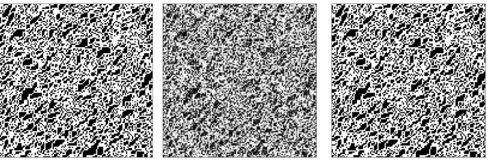 Figure 2.3 Numerical example. From left to right: ground-truth image generated by the MRF de-scribed in Section 2.2.3.1, image reconstructed by AMP with a separable Bayesian denoiser (computedfrom the incorrect assumption that the signal is generated from 