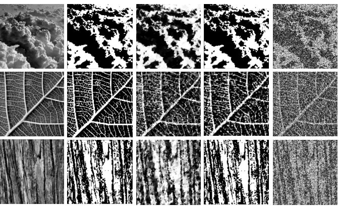 Figure 2.5 Reconstruction of texture images using AMP with diﬀerent denoisers. From left to right:original gray level images, binary ground-truth images, images reconstructed by AMP with a totalvariation denoiser [8], non-separable Bayesian sliding-window 