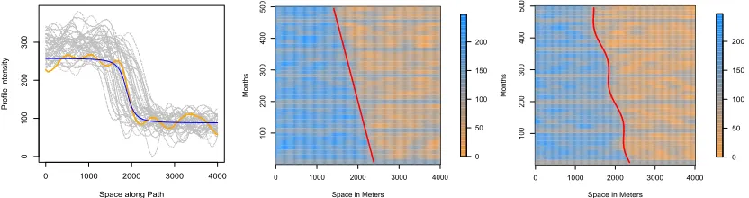 Figure 4.5: Left: Simulated proﬁles for systematic noise γ1. Middle: Proﬁles over time withterminus location g1(t) (red)