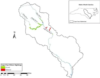 Figure 1.   Location map of the study area in central NC and Cape Fear shiner sighting locations