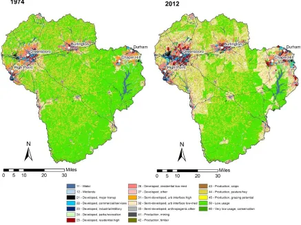 Figure 3.  Anthropogenic land use within the delineated watershed in 1974 and 2012. 