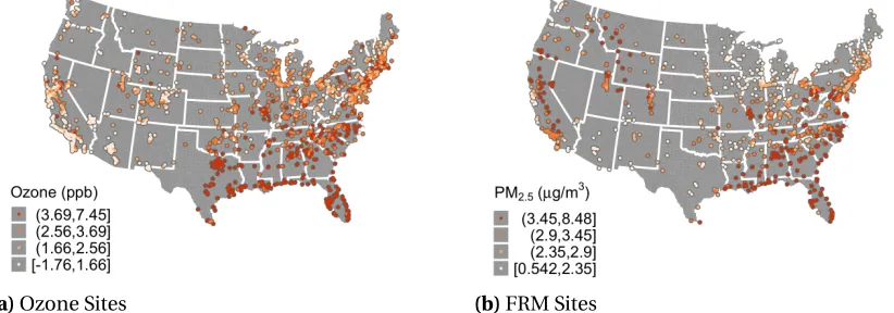 Figure 2.3 Geographic distribution of the estimated change in pollutant concentration on plume daysfor ozone (panel a) and PM2.5 (panel b) by quartiles