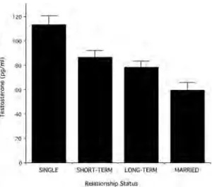 Figure 3. Mean ( ⫹ SE) testosterone levels in single men, men in short-term relationships, men in long-term relationships, and married men