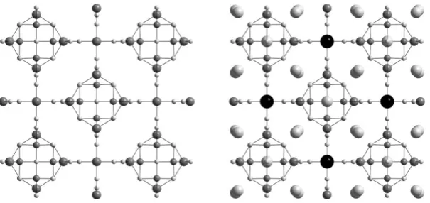 Fig. 7Krepresented as light grey spheres and zinc and tin as small and larger dark grey spheres.Exchange of Cssites giving the structure shown on the right with Cs and K represented by large black and lightgrey spheres.6Sn[Zn4Sn4S17] contains a framework {Sn[Zn4S17]}6� illustrated (left) with sulfur+ for one equivalent of K+ shows a preference for the largest of the three cation70