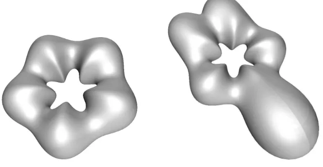 Fig. 5. Ring-type surface with a = 0.3 and m = 5 (left), and the test function f2visualized as an oﬀset surface (right).