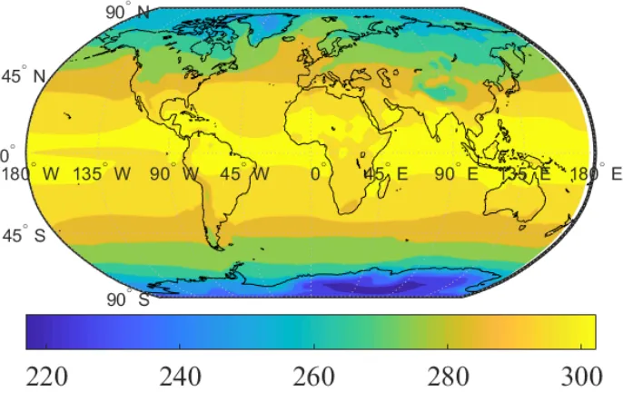 Figure 2.4: Pixel-wise mean air temperature (in Kelvin) based on the entire ﬁve yearsworth of model-output data
