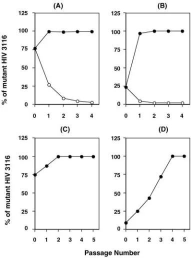 FIG. 3. Competitive replication assay of WT and mutant virus. WTand HIV3116 virus were mixed at 1:1 (A) or 10:1 (B)