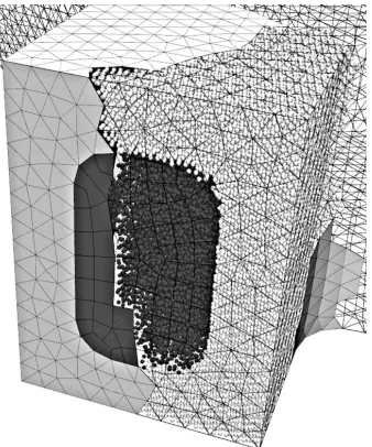 Figure 2.The test geometry (see ﬁgure 1) was decomposed into 52 portions for parallel processing — the portions were ﬁlled withshown: wall molecules (light) tethered in an FCC crystal and liquid molecules (dark) which are free to move