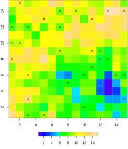 Figure 4: Simulated image (15 × 15), with 15% of missing values. Exponential covariance.