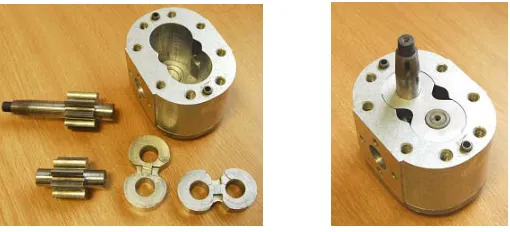 Figure 6. The hydraulic gear pump: Components and assembled unit.  