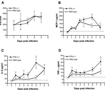 FIG. 5. Cytokine proﬁles in the sera of wild-type and IFN-�the footpad, and sera were collected at the indicated time points after infection