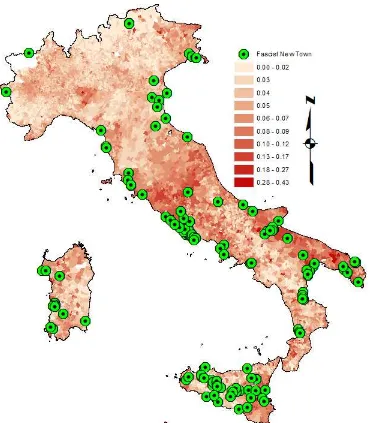 Figure 2: Mussolini’s New Towns and the Electoral Support for the Neo-FascistParty in 1992.