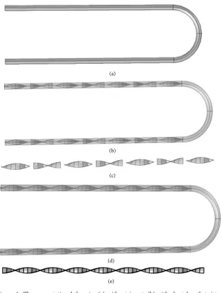 Figure 1. The computational domain: (a) without insert; (b) with short length twisted tape insert; (c) short length twisted tape insert; (d) with full length twisted tape inserts; (e) full length twisted tape inserts