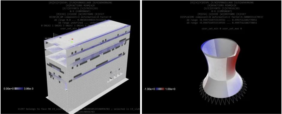 Figure 9. Testing the 3D visualization engine for real cases (left – calculated reinforcement amounts on a  real EDF building) or typical nuclear facilities with complex shapes (right)