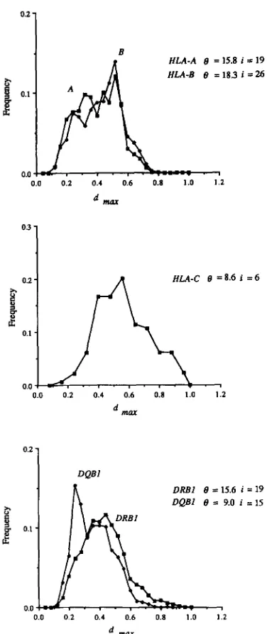 FIGURE 3.-Frequency spectrum of differences value of (Table peated simulations. The average  number of pairwise nucleotide for dm,, obtained from IO4 re- (e) is set as the estimated number; 15.8 for A, 18.3 E, 8.6 for C, 15.6 for DREZ, and 9.0 for DQEZ all