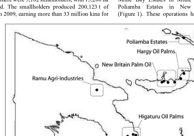 Figure 1.Location of palm oil mills in Papua New Guinea, showing company names