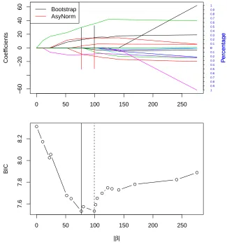 Figure 1.1:The top ﬁgure shows LASSO solution path of mortality rates data; The verticallines above and below x-axis correspond to the distribution estimated by bootstrap and asymp-totic normal approximation respectively