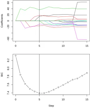 Figure 1.2:The top ﬁgure shows forward stepwise regression solution path of mortality ratesdata; The vertical line corresponds to the model which minimizes BIC