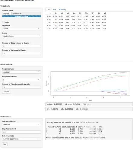 Figure 3.2:Screen-shot for Shiny Web Application; This application allows users to uploaddataset, run penalized models, explore solution path interactively and do inference after modelselection.