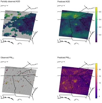 Figure 2.5:PM2.5 and AOD observations on July 5, 2004 and predictions made by MNARmodel.