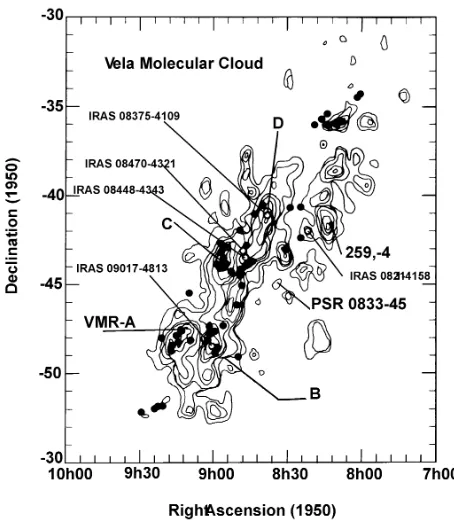 Fig. 1. CO (1–0) contour map of the Vela Molecular Cloud complexﬁlled circles are the location of the 50 other embedded young stellarobjects