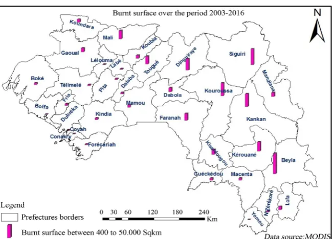 Figure 6. Inter-annual variability of active fire over the period of 2003-2016 (yearly total situation the whole country); The linear tendency in blue shows a slight diminution of fires
