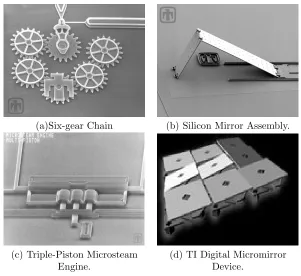 Figure 1.4: Examples of MEMS devices produces by Sandia National Laboratories (a,b,c) [49] andTexas Instruments (d) [34].