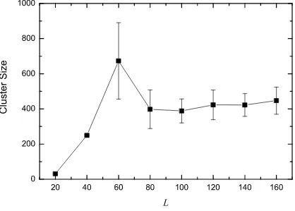 FIG. 6: Average cluster size obtained from NV T MC simulations at T ∗ = 0.24, as a function of