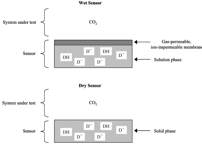 Figure 1.  Schematic illustration of the main features of the two different optical sensors for carbon dioxide, namely wet and dry sensors