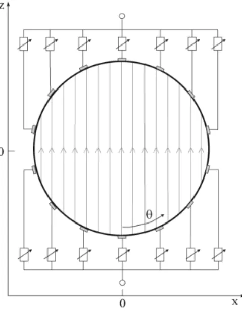 Figure 3.7. Synthesization of a uniform lead field within a thin disk. The electrodes are uniformly  distributed  on  the  surface  of  the  disk.  When  the  reciprocal  current  at  every  electrode  is  proportion to cos θ , the uniform lead field will 