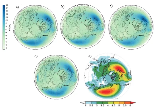 Figure 3.1: The average wintertime (DJF) local deepening rate (LDR), measured in hPa/day, over the 26-year period from 1985-2011 for a) UPSCALE 130km, b) UPSCALE 60km, c) UPSCALE 25km, over the 10-year period for c) MPAS 15km, and d) the climatological mea