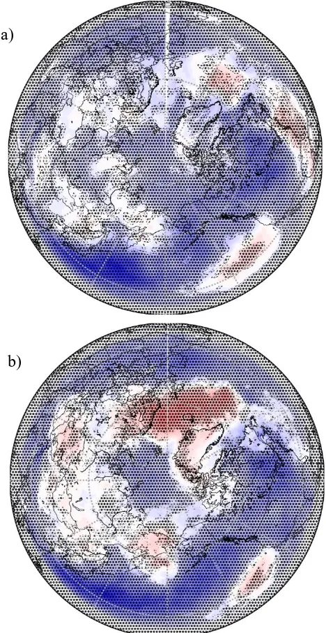 Figure 3.2: The climate warming differences (future minus current) of the average wintertime LDR, measured in hPa/day, for UPSCALE a) 130km and b) 25km is shaded below circular hatching that shows where all ensemble members (5 for 130km, 3 for 25km) agree 
