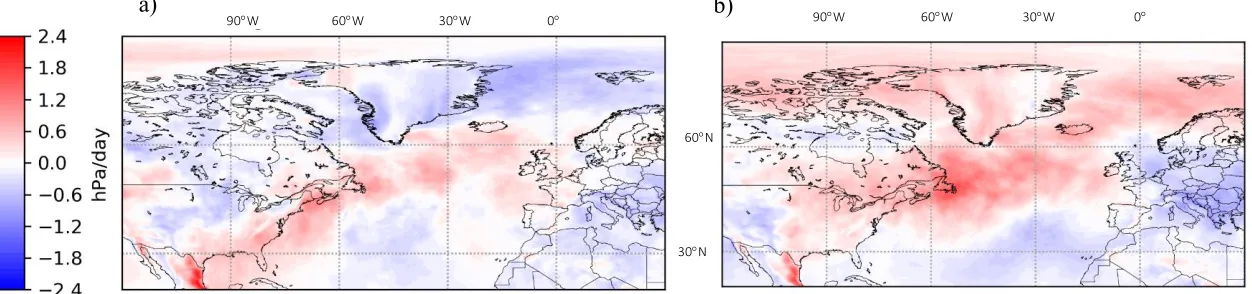 Figure 3.5: The resolution differences, higher (25km) minus lower (130km), of the average wintertime LDR for a) present and b) future UPSCALE simulations, with units hPa/day in the Atlantic basin