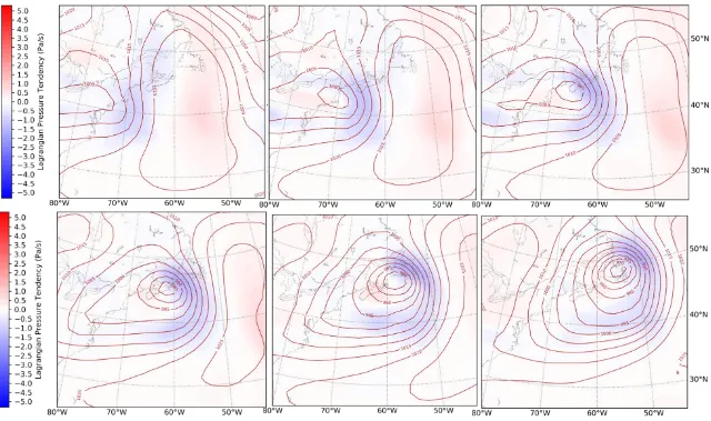 Figure 3.17: The strong case from the UPSCALE present-day 130km simulations. The pressure vertical velocity (-Pa/s) is shown in color shading, while the mean sea level pressure (hPa) is contoured on top in red